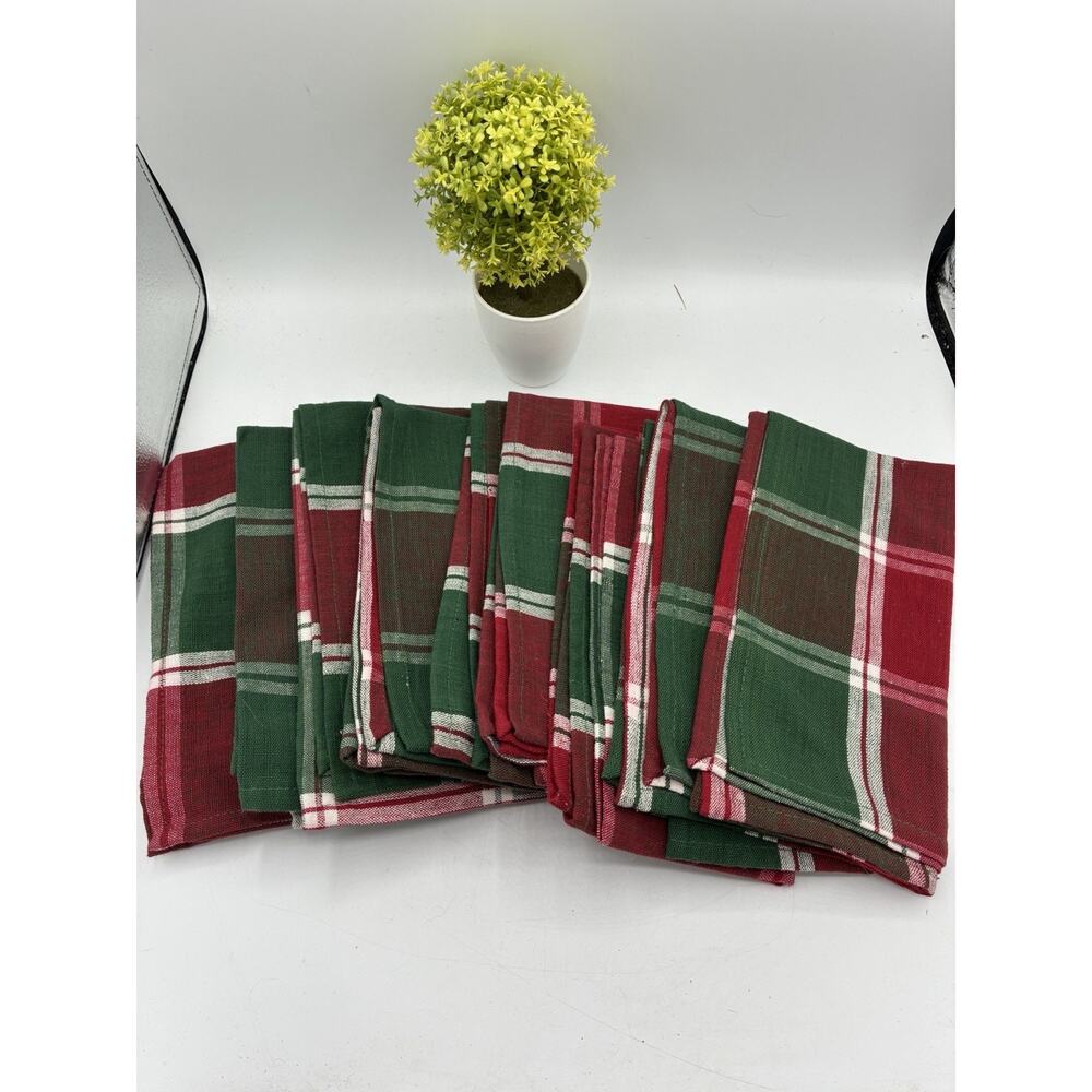 Set of 9 Christmas Plaid Cloth Napkins 18" Red Green White Holiday Tartan